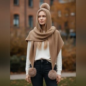 Cozy Tan Knit Scarf And Beanie with Pom Poms